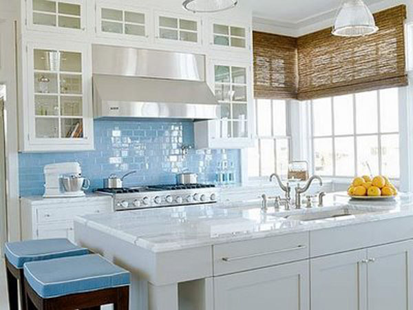 Blue and white colored kitchen
