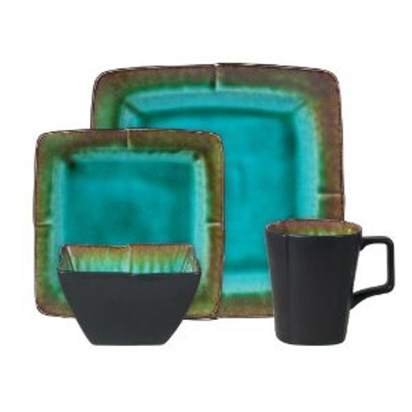 Gibson Montorio 16-Piece Square Reactive Glaze Stoneware Dinnerware Set, Jade