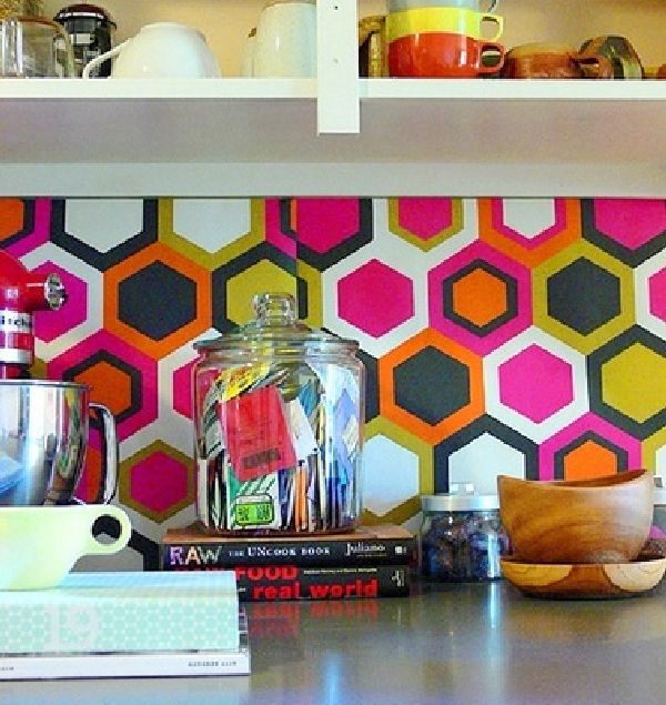 Wallpapered kitchen backsplash