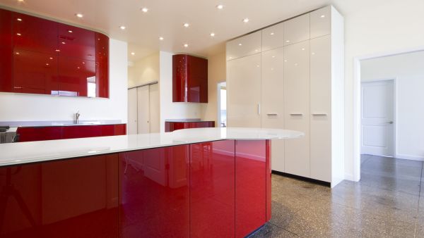 Kitchen decorated with red glass