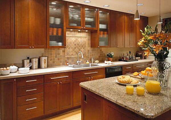 Brown shaker cabinet with glass backsplash