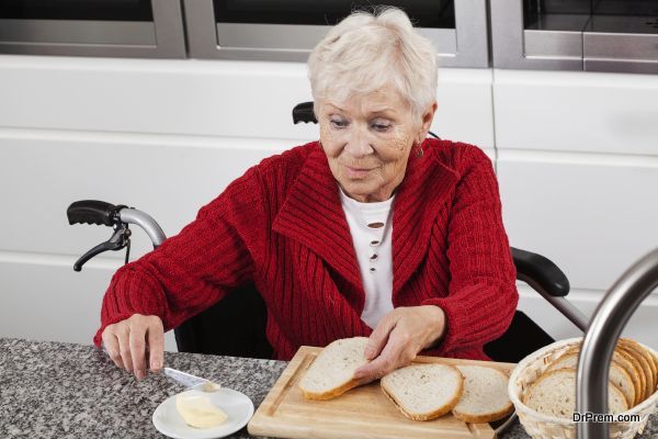 Lady on wheelchair making breakfast